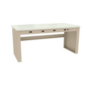 A beige, rectangular desk with a smooth, flat surface and two sturdy legs. The desk has a simple, modern design, with three black round holes on the front for cords or cables.