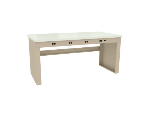 lupi03gwchq3g7tmqyiu.jpg A beige, rectangular desk with a smooth, flat surface and two sturdy legs. The desk has a simple, modern design, with three black round holes on the front for cords or cables.