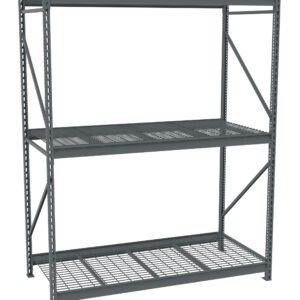 A heavy-duty metal storage rack with three shelves, designed for industrial use. The frame is made of steel beams, and the shelves have a grid pattern allowing visibility and airflow. The structure is gray.