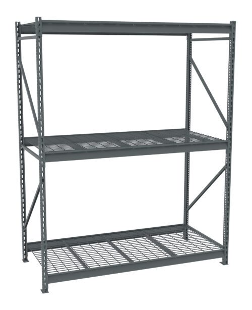 A heavy-duty metal storage rack with three shelves, designed for industrial use. The frame is made of steel beams, and the shelves have a grid pattern allowing visibility and airflow. The structure is gray.