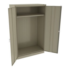 An open beige metal cabinet with two doors, revealing an empty interior. The interior features an adjustable shelf at the top and a larger open space below. The cabinet has a simple, industrial design.