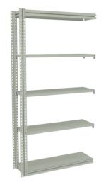 A metal shelving unit with five adjustable shelves and perforated side supports, designed for storage and organization. The structure is minimalistic and industrial, with a light grey finish.