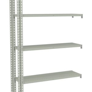 A metal shelving unit with five adjustable shelves and perforated side supports, designed for storage and organization. The structure is minimalistic and industrial, with a light grey finish.