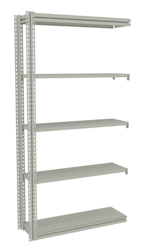 A metal shelving unit with five adjustable shelves and perforated side supports, designed for storage and organization. The structure is minimalistic and industrial, with a light grey finish.