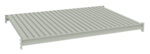Rectangular metal grate with parallel slats, designed for ventilation or flooring. It has a light gray color and is elevated at the corners for structural support.