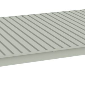 Rectangular metal grate with parallel slats, designed for ventilation or flooring. It has a light gray color and is elevated at the corners for structural support.