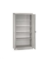 A white metal storage cabinet with open double doors, revealing five empty shelves. The design is simple and minimalist, suitable for organizing items in an office or home setting.