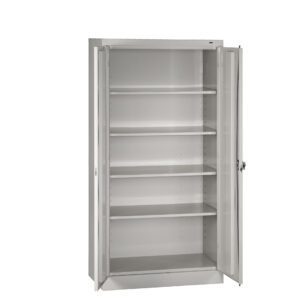 A white metal storage cabinet with open double doors, revealing five empty shelves. The design is simple and minimalist, suitable for organizing items in an office or home setting.