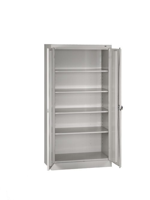 lw1sexfcvvlmcnekynkz.jpg A white metal storage cabinet with open double doors, revealing five empty shelves. The design is simple and minimalist, suitable for organizing items in an office or home setting.
