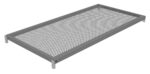Rectangular metal shelf with a perforated design, featuring evenly spaced round holes. The shelf has a sturdy frame with bracket corners, suitable for supporting weight or allowing airflow in storage systems.