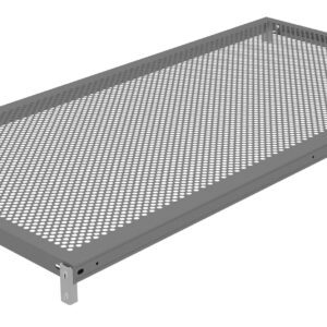 Rectangular metal shelf with a perforated design, featuring evenly spaced round holes. The shelf has a sturdy frame with bracket corners, suitable for supporting weight or allowing airflow in storage systems.
