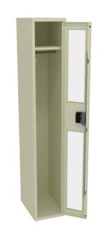 A beige locker is shown open, revealing an empty interior with a single top shelf and a hook on the side. The locker door has two rectangular glass panels and a lock mechanism near the handle.