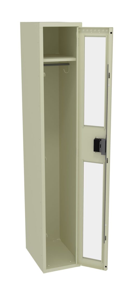lwsk9me0ayzznhxyfypj.jpg A beige locker is shown open, revealing an empty interior with a single top shelf and a hook on the side. The locker door has two rectangular glass panels and a lock mechanism near the handle.