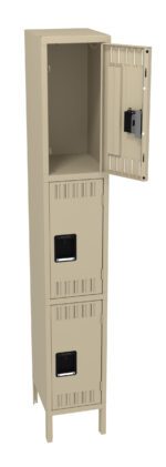 A beige metal locker with three stacked compartments. The top compartment is open, while the middle and bottom compartments are closed. Each compartment has a black handle and ventilation slots. The locker stands on four legs.