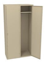 A beige metal wardrobe with two doors; one door is open, revealing an empty interior with a hanging rod and a hook. The wardrobe has a top compartment and a spacious lower section.