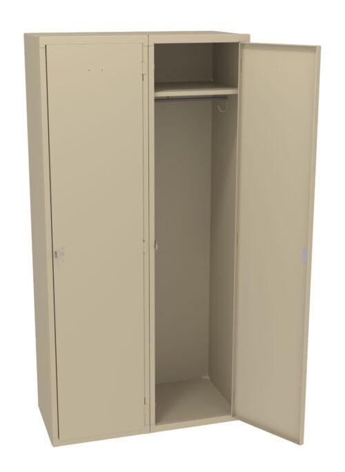 A beige metal wardrobe with two doors; one door is open, revealing an empty interior with a hanging rod and a hook. The wardrobe has a top compartment and a spacious lower section.