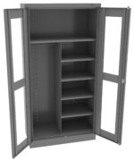An open gray metal cabinet with two doors. The interior features a tall compartment with a hanging rod on the left and several adjustable shelves on the right. The doors have clear panels.