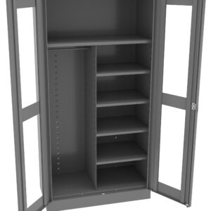 An open gray metal cabinet with two doors. The interior features a tall compartment with a hanging rod on the left and several adjustable shelves on the right. The doors have clear panels.