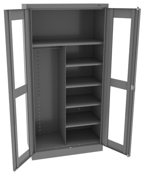 lxslrkvuy4uzqdcnkrll.jpg An open gray metal cabinet with two doors. The interior features a tall compartment with a hanging rod on the left and several adjustable shelves on the right. The doors have clear panels.