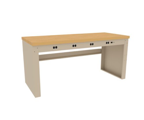 lywg4ihb463kaf8ub0kc.jpg A simple workbench with a wooden top and light gray metal frame. It features a flat, rectangular surface with no visible drawers or shelves, and has three holes along the front edge for potential attachments or cables.