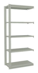 A light gray metal shelving unit with five adjustable shelves. The frame is made of perforated metal for easy customization. The shelves are evenly spaced and empty against a plain white background.