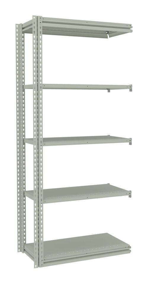 A light gray metal shelving unit with five adjustable shelves. The frame is made of perforated metal for easy customization. The shelves are evenly spaced and empty against a plain white background.