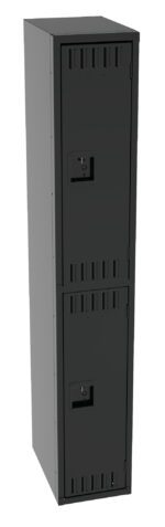 A tall, gray, two-door metal locker with ventilation slits on each door. The locker has recessed handles on both doors and is situated against a plain white background.