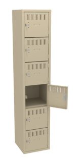 Tall beige locker with six compartments, five closed and one open facing right. Each has a vented door with a metal handle. The open compartment reveals an empty space inside.