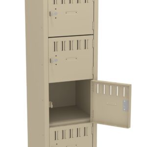 Tall beige locker with six compartments, five closed and one open facing right. Each has a vented door with a metal handle. The open compartment reveals an empty space inside.