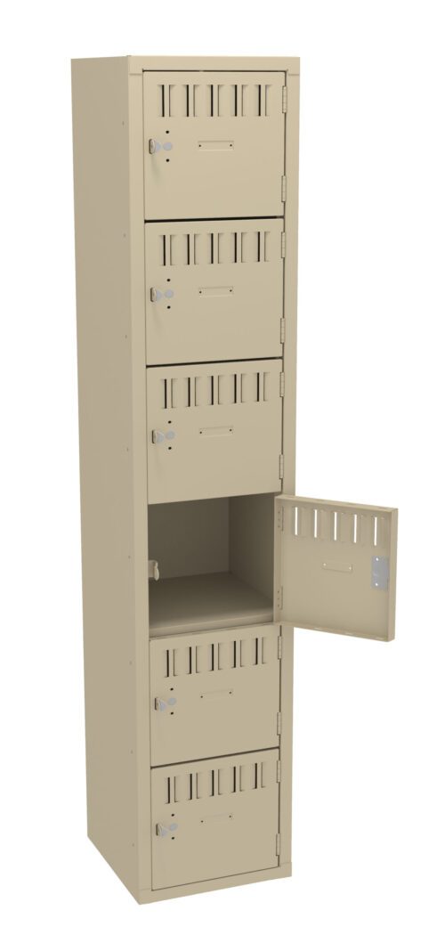 Tall beige locker with six compartments, five closed and one open facing right. Each has a vented door with a metal handle. The open compartment reveals an empty space inside.