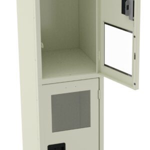 Tall beige metal cabinet with two sections. The top section has an open door and no shelves inside. The lower section, also with an open door, features two clear panels. Both doors have metal hinges and handles.