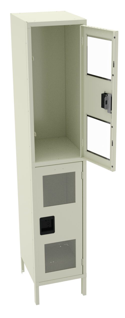 lzuuqrfcxsnqbbtoahnt.jpg Tall beige metal cabinet with two sections. The top section has an open door and no shelves inside. The lower section, also with an open door, features two clear panels. Both doors have metal hinges and handles.