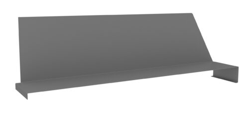 m06y0yfpmgna5hibsw1x.jpg A minimalist gray metal shelf with a slightly inclined back panel and a flat base. The design features a simple, modern look, suitable for displaying or organizing items. The edges are straight and the surface appears smooth and polished.