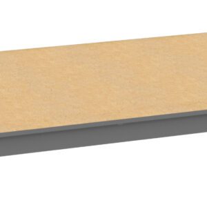 Illustration of a rectangular, beige wooden shelf with a metal frame. The shelf is flat and set against a white background, showing a slight angled perspective.