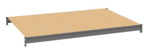 Illustration of a rectangular, beige wooden shelf with a metal frame. The shelf is flat and set against a white background, showing a slight angled perspective.