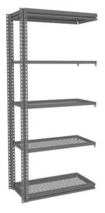 A tall, metal shelving unit with five open-frame shelves. The shelves are evenly spaced, with a mesh design for each level. The structure is made of a dark, sturdy material, and it is placed against a white background.