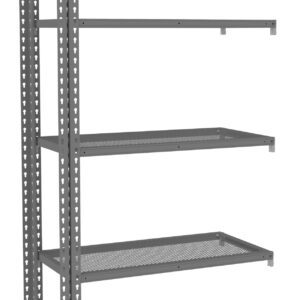 A tall, metal shelving unit with five open-frame shelves. The shelves are evenly spaced, with a mesh design for each level. The structure is made of a dark, sturdy material, and it is placed against a white background.