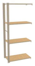 A beige metal shelving unit with four wooden shelves and perforated metal side supports. The unit has a simple, minimalist design, suitable for storage or display. It stands against a white background.
