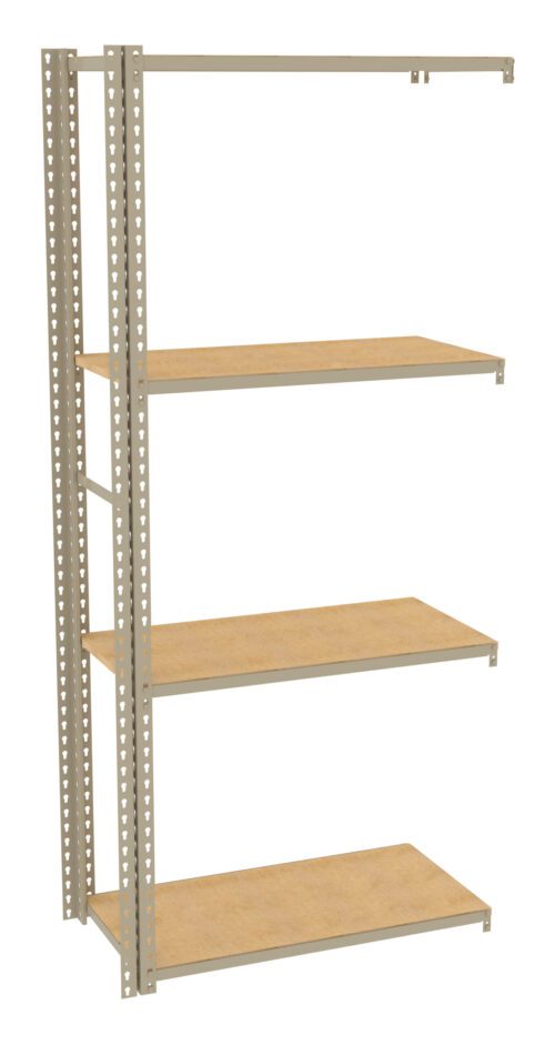 A beige metal shelving unit with four wooden shelves and perforated metal side supports. The unit has a simple, minimalist design, suitable for storage or display. It stands against a white background.