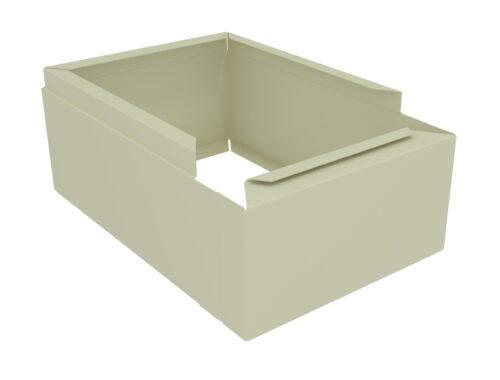 m1qlxj9l5hysso3x4zjf.jpg A beige, three-sided, open box made of interlocking cardboard or paperboard panels, with a flap on one side. The design suggests it is meant for easy assembly or storage.
