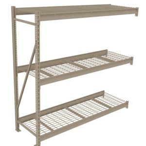 A beige metal storage rack with three wire mesh shelves. The rack stands on four posts with a cross-braced side for support. The top shelf is solid, and the other shelves are open grid, suitable for storing various items.