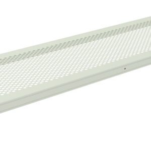 Long, rectangular, perforated metal shelf with evenly spaced circular holes and metallic brackets on each end for mounting.