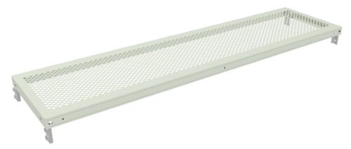 Long, rectangular, perforated metal shelf with evenly spaced circular holes and metallic brackets on each end for mounting.