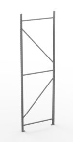 A metal shelving frame standing upright, featuring vertical beams with evenly spaced holes and diagonal support bars for stability, against a plain white background.