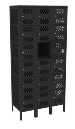 Black metal locker unit with 24 compartments, featuring a lattice design on each door. One door is open, revealing an empty compartment inside. Each door has a keyhole and a numbered label. The unit stands on short legs.