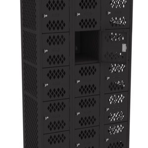 Black metal locker unit with 24 compartments, featuring a lattice design on each door. One door is open, revealing an empty compartment inside. Each door has a keyhole and a numbered label. The unit stands on short legs.