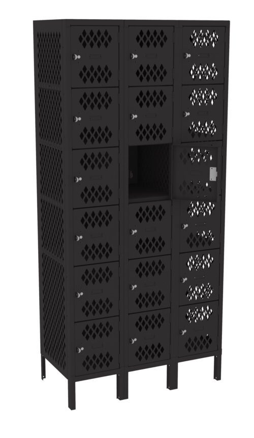 m3rt4gnxguemrofxcsau.jpg Black metal locker unit with 24 compartments, featuring a lattice design on each door. One door is open, revealing an empty compartment inside. Each door has a keyhole and a numbered label. The unit stands on short legs.