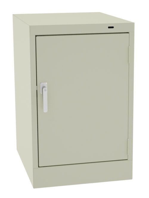 A light gray metal storage cabinet with a single door and a silver handle, shown against a plain white background. The cabinet is rectangular and stands vertically.