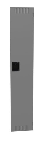 Tall, narrow gray metal cabinet with a black rectangular handle in the center. The cabinet has vent-like slits at the top and bottom. The background is plain white.