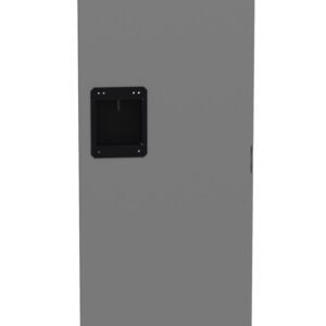 Tall, narrow gray metal cabinet with a black rectangular handle in the center. The cabinet has vent-like slits at the top and bottom. The background is plain white.